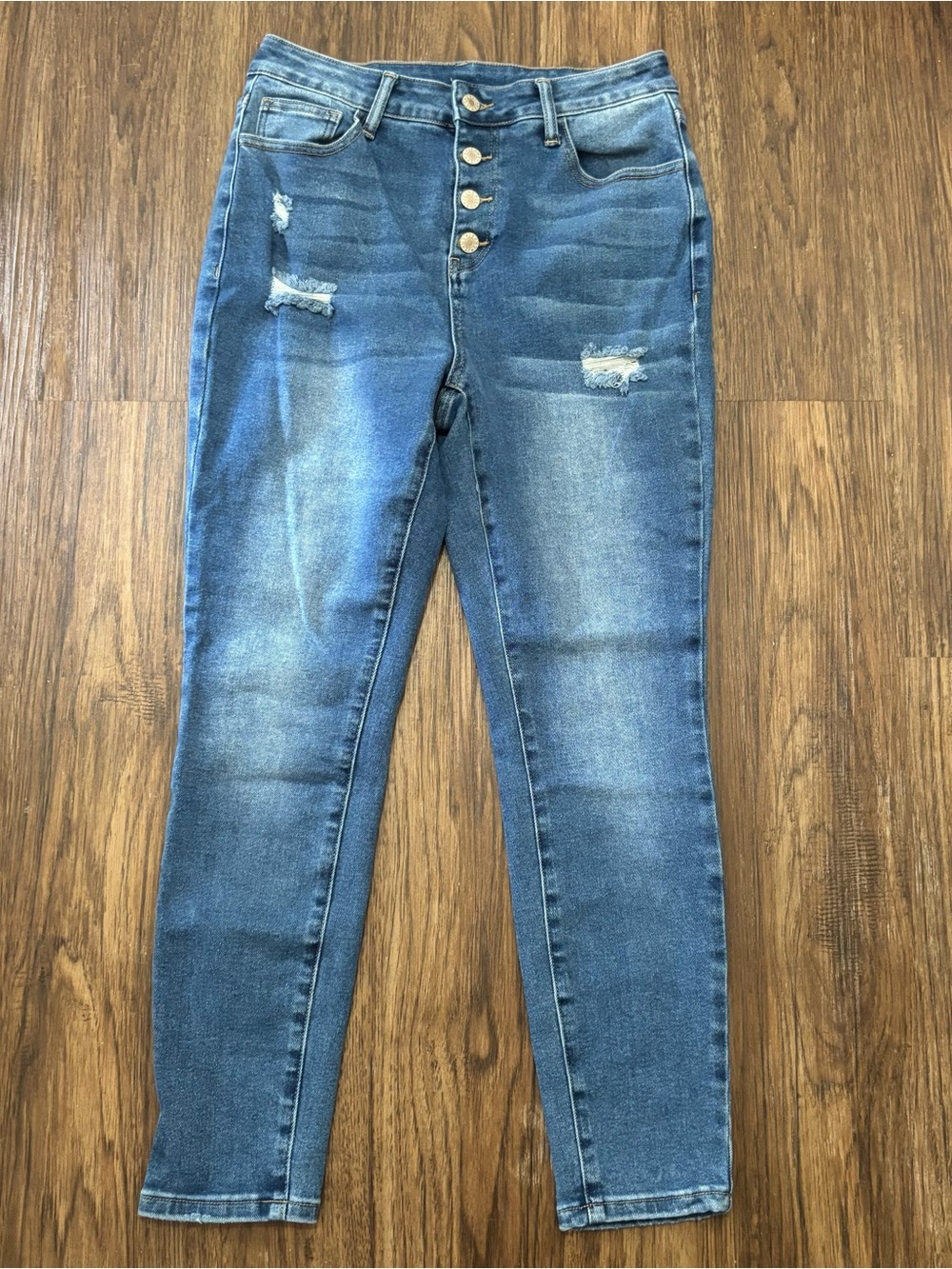 Distressed High Rise Skinny Jeans 4-Button Fly Stretch Medium Wash Size 8